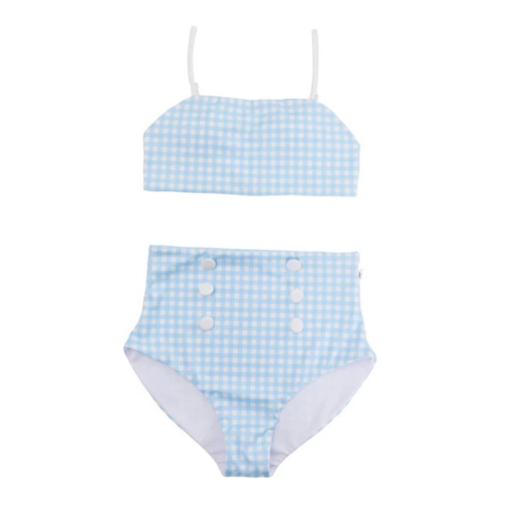 Blue Gingham High-Waisted Bikini Set